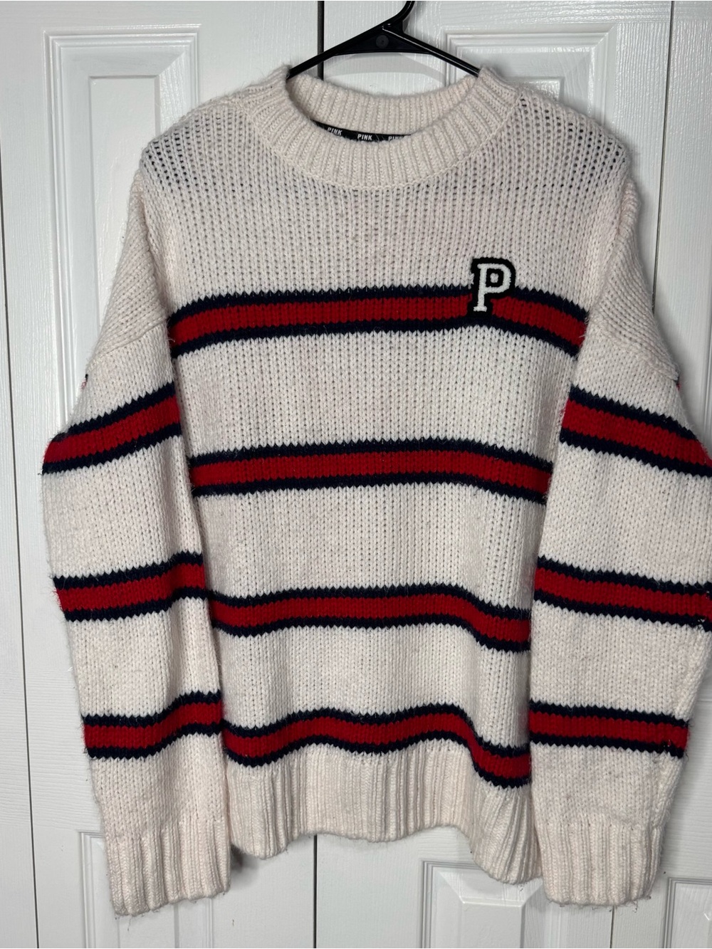 PINK Victoria's Secret Cream Knit Crewneck with Red & Navy Stripes